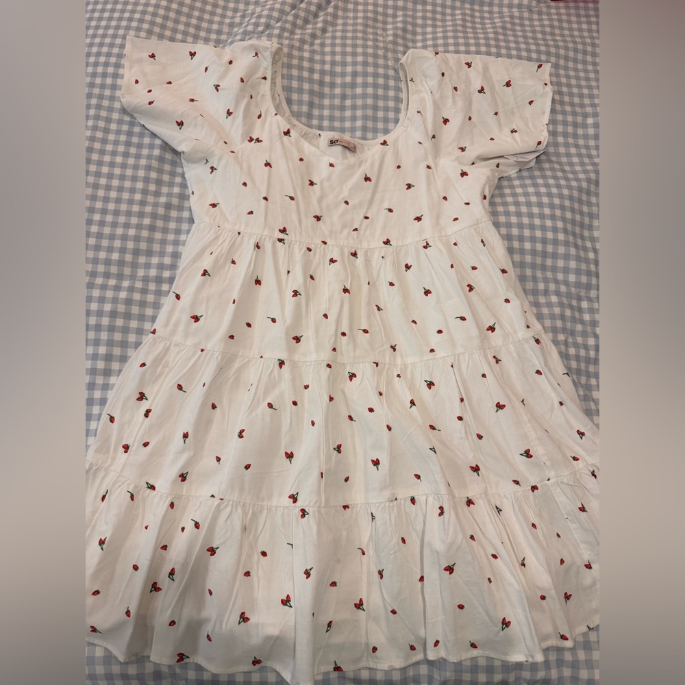 SO White Dress with Red Strawberry Pattern